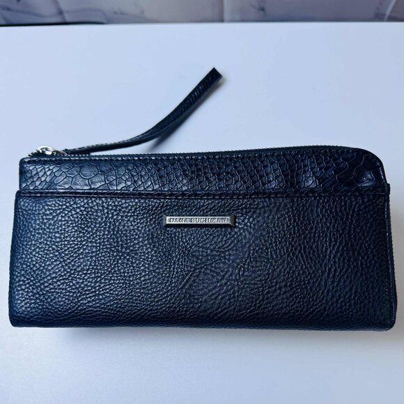 Dana Buchman Black Faux Leather Zip Wallet Wristlet – Textured with Red Interior - Picture 1 of 11